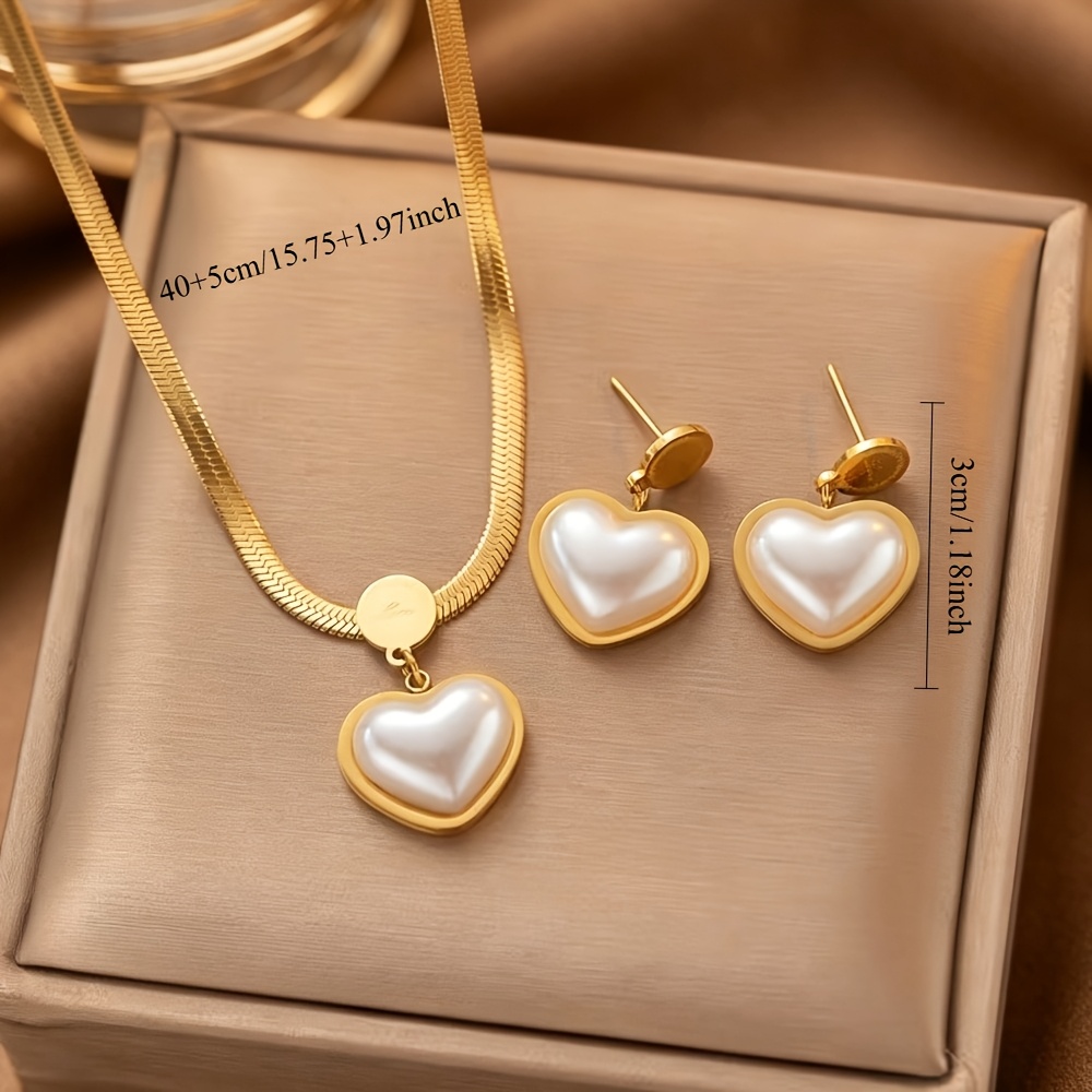 3pcs 18K Golden Plated Imitation Pearl Heart Jewelry Set